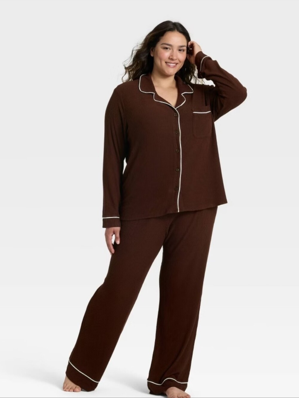 Women's Cozy Ribbed Notch Collar Long Sleeve Shirt and Pants Pajama Set Auden 1X